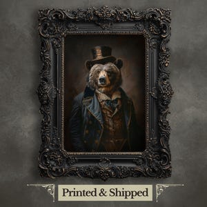 Stampa artistica da parete con orso vittoriano Ritratto d'epoca di gentiluomini con orso Ritratto di animale storico scuro Arte animale eccentrica