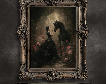 Moonlit Maiden and Unicorn Printable Art – Enchanted Gothic Fantasy Scene for Magical Home Décor, Instant Download