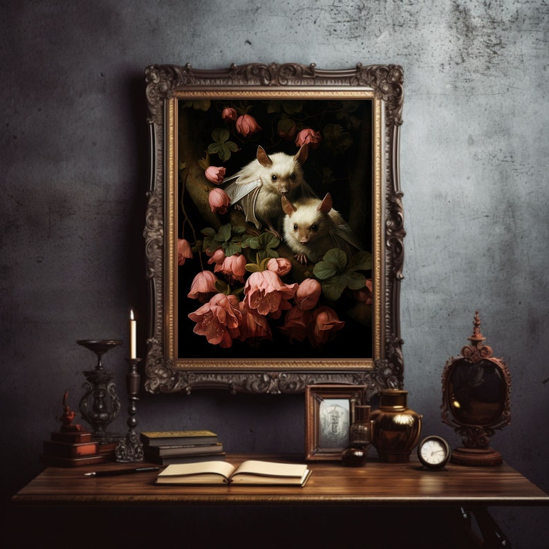 White Bats Wall Art Print Dark Cottagecore Dark Academia Gothic Retro Horror Animal Art