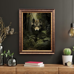 Wolf Wall Art Print Moody Woodland Vintage Green Academia Forest Art Wildlife Dark Green Aesthetic Decor