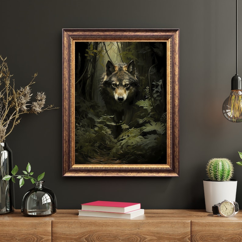 Wolf Wall Art Print Moody Woodland Vintage Green Academia Forest Art Wildlife Dark Green Aesthetic Decor