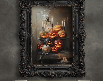 May include: A framed painting of a still life featuring a group of carved pumpkins with glowing faces. The pumpkins are arranged in a pyramid shape and are lit by candles. A spider web hangs above the pumpkins, and a spider sits in the center of the web.