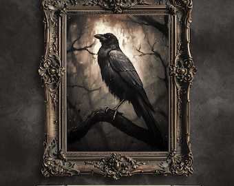 May include: A black crow perched on a branch in a dark, misty forest. The crow is facing to the right and has its wings folded. The background is a dark, moody forest with a light source shining through the trees.