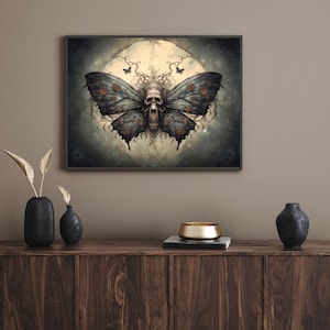 May include: A dark blue and brown butterfly with a skull in the center. The butterfly is set against a dark background with a full moon in the background.
