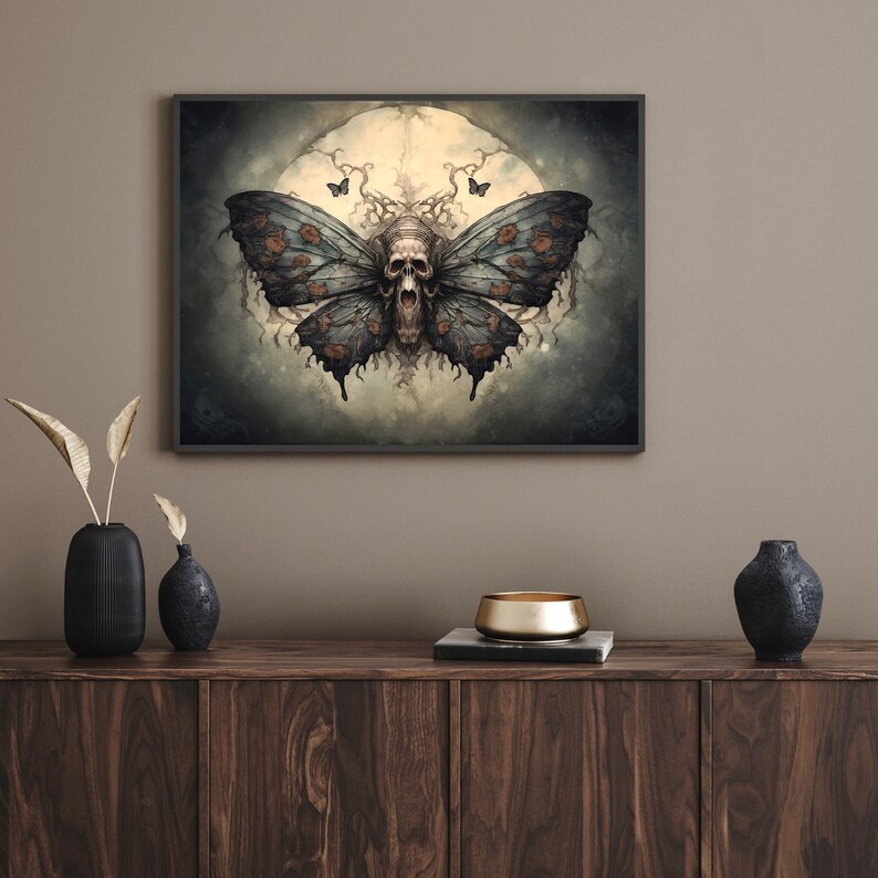 May include: A dark blue and brown butterfly with a skull in the center. The butterfly is set against a dark background with a full moon in the background.