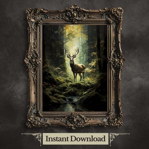 Deer in Moody Forest druckbare Wandkunst dunkle Cottagecore Vintage dunkle Academia Druck Waldtierkunst Wildtiermalerei Gothik