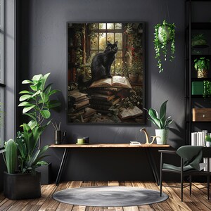 Black Cat Library Art Print, Dark Academia Cottagecore Decor - Etsy