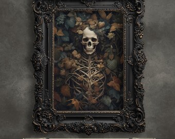 Stampa artistica botanica con scheletro: decorazione gotica Dark Academia