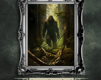 Sasquatsch Printable Wall Art Spooky Mysterious Bigfoot Wall Decor Eerie Dark Forest Painting Dark Cottagecore Gothic Print Cryptid Poster