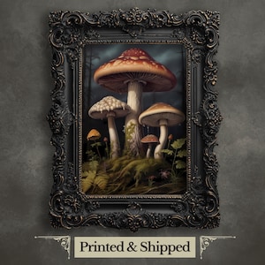 Mushrooms in Woodland Wall Art Print Dark Academia Goblincore Art Vintage Botanical Fungi Decor Gothic Cottagecore Mushroom Poster