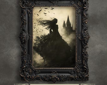 Gothic Witch Silhouette Art Print – Dark Fairytale Castle Decor