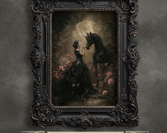 Moonlit Unicorn Encounter Art Print – Elegant Gothic Fantasy Illustration for Romantic Wall Décor, High Quality Print