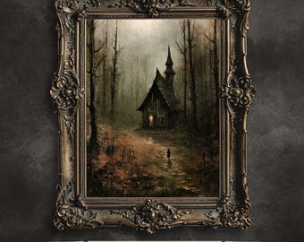 Spooky Witch Cottage Printable Wall Art Moody Woodland Fairytale Dark Cottagecore Artwork Gothic Painting Witchy Art Horror Decoration
