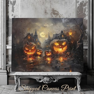 Glühende Kürbisse in Spukdorf Leinwanddruck Halloween Druck Unheimliche Herbst Dorf Gruselige Jahreszeit Wand Kunst Kürbis Kunstwerk