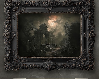 May include: A dark, moody painting of a stone archway with a full moon in the background. The archway is surrounded by trees and there are birds flying in the sky. The painting is framed in a black ornate frame.
