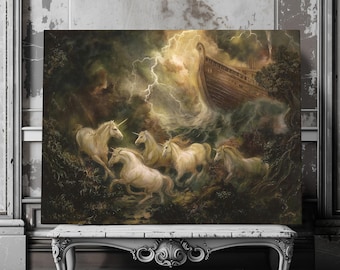 The Last Unicorns of the Flood – Dramatic Noah’s Ark Fantasy Canvas Art