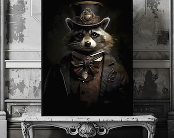Lienzo impreso de un caballero mapache victoriano - Decoración Dark Academia