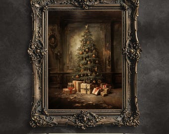 Moody Christmas Tree Printable Wall Art Abandoned House Christmas Painting Dark Cottagecore Artwork Gothic Christmas Art Retro Winter Print