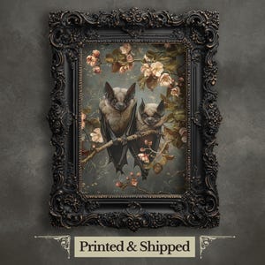 Stampa artistica da parete con coppia di pipistrelli, Whimsigoth Wall Art, Floral Vintage Artwork, Dark Cottagecore, Goth, Estetica, Stampa di Halloween, Stampa da strega