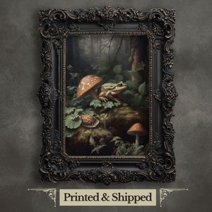 Frog and Mushroom Gothic Wall Art Print: Moody Woodland Decor