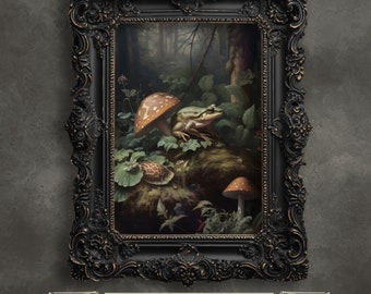 Frog and Mushroom Gothic Wall Art Print: Moody Woodland Decor