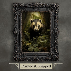 Stampa artistica da parete con tasso, arte del bosco malinconica, decorazione cottagecore scura, stampa vintage Dark Academia, arte degli animali del bosco, pittura della fauna selvatica, gotico