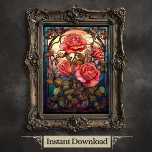 Art mural imprimable roses en vitrail, oeuvre d&#39;art gothique sombre, peinture de mauvaise humeur, art en verre trempé pour les fans de gothique, décoration de chambre esthétique sombre