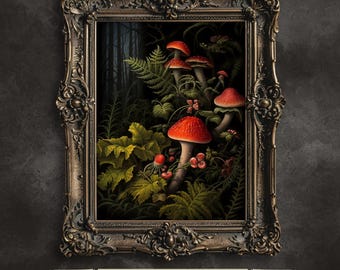 Red Mushroom Dark Forest Painting: Vintage Goblincore Wall Art (Digital Download)