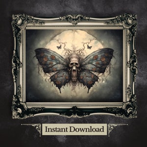 May include: A framed print of a dark blue and brown butterfly with a skull for a head. The butterfly is set against a backdrop of a full moon and a dark, swirling sky.