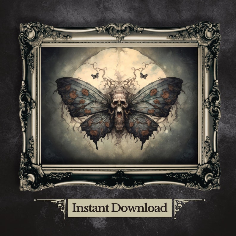 May include: A framed print of a dark blue and brown butterfly with a skull for a head. The butterfly is set against a backdrop of a full moon and a dark, swirling sky.