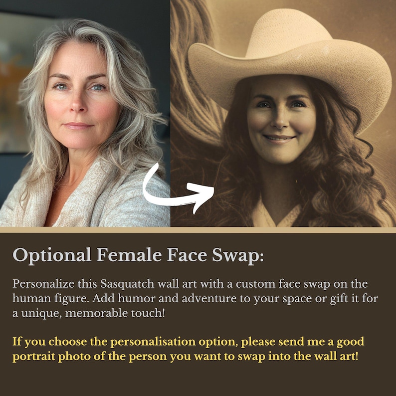 Puede incluir: Una ilustraci&oacute;n digital de un Sasquatch con una opci&oacute;n de intercambio de rostro personalizado. La imagen muestra a una mujer con un sombrero de vaquero con un filtro vintage. El texto dice "Intercambio de rostro femenino opcional: Personaliza esta obra de arte de Sasquatch con un intercambio de rostro personalizado en la figura humana. Agrega humor y aventura a tu espacio o reg&aacute;lala para un toque &uacute;nico y memorable. Si eliges la opci&oacute;n de personalizaci&oacute;n, por favor env&iacute;ame una buena foto de retrato de la persona que quieres intercambiar en la obra de arte!"