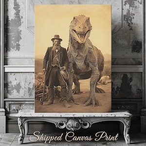 Wilder Westen Dinosaurier Leinwand Druck Vintage Fotografie Gothic Jurassic Poster Dark Cottagecore 19th Century Canvas Print Creepy Wall Art