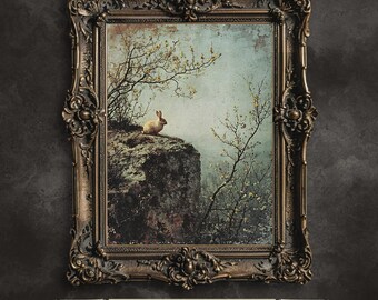 Vintage Rabbit Landscape Painting: Dark Cottagecore Spring Art (Digital Download)