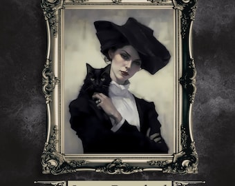 Victorian Witch & Black Cat Art Print: Spooky Gothic Halloween Decor (Digital Download)