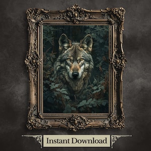 Grey Wolf Printable Wall Art Dark Woodland Print Vintage Nature Print Forest Animal Portrait Wildlife Painting Dark Academia Wolf Print