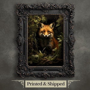 Red Fox in Moody Forest Wall Art Print Dark Cottagecore Vintage Dark Academia Print Woodland Animal Art Wildlife Painting Gothic