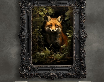 Grafika artystyczna „Rudy lis”: Moody Forest, Dark Academia, Gothic Wildlife Painting