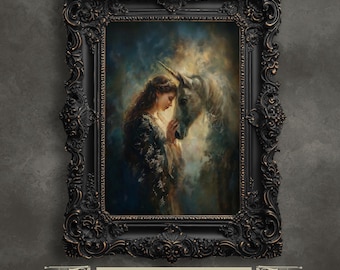 Eve and the Unicorn – Enchanted Fine Art Print in Soft Golden Light, High Quality Print