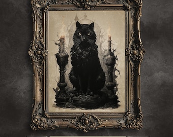 Black Cat Witch Art Print: Gothic Mystic Home Decor (Digital Download)