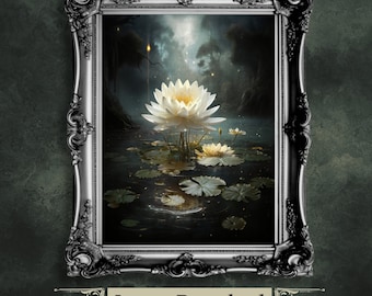 Water Lily Pond Art Print: Dark Academia Botanical Painting (Digital Download)