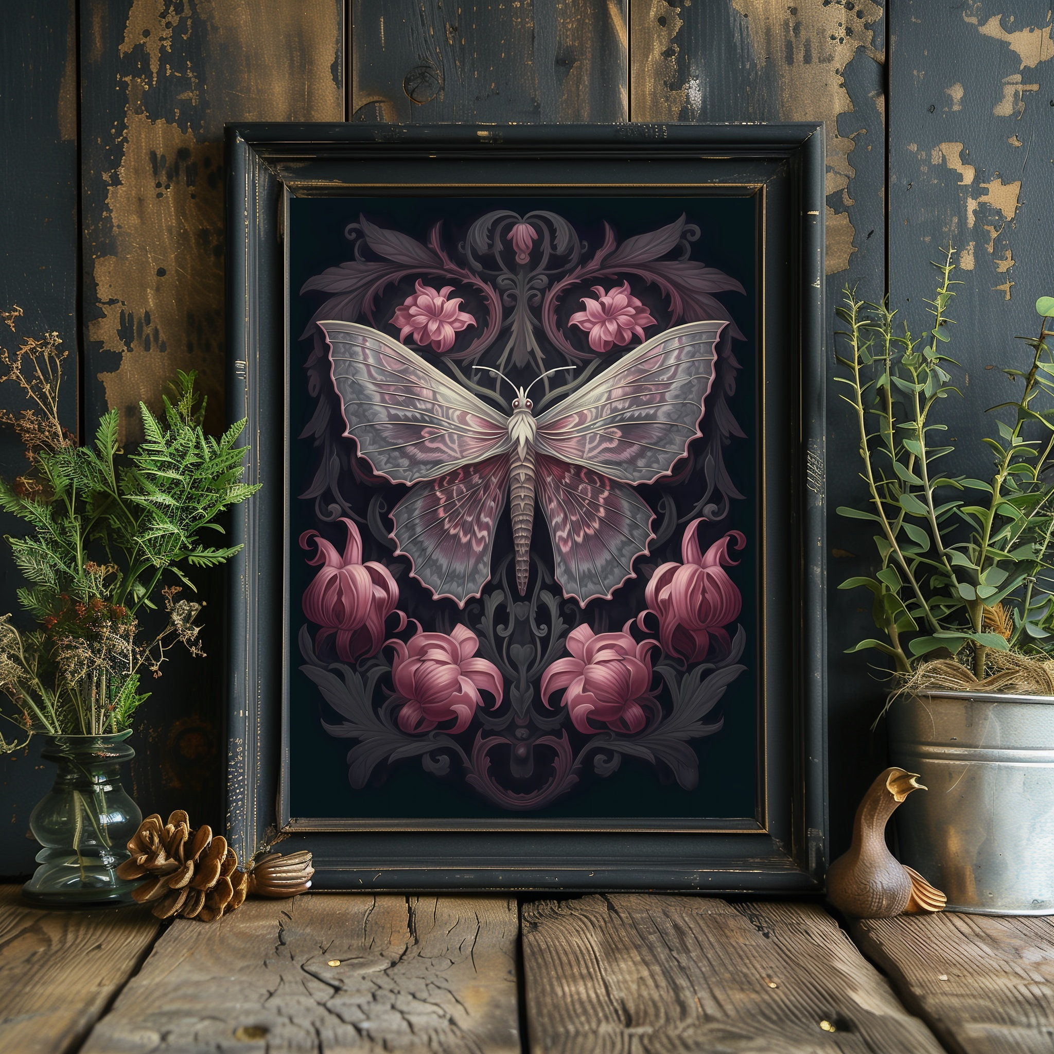 Pink Moth Art Print, Witchy Gothic Floral Wall Decor - Etsy