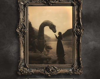 Pode incluir: Uma fotografia de estilo vintage em uma moldura marrom escura ornamentada retrata uma mulher com um vestido longo em pé em um lago, olhando para uma grande criatura serpentina escura que emerge da água. O fundo é uma paisagem nebulosa em tons dourados.