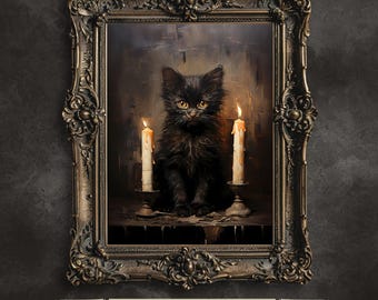 Impressão de Gato Preto para o Halloween | Pintura a Óleo Vintage de Gatinho Bruxo (Download Digital)