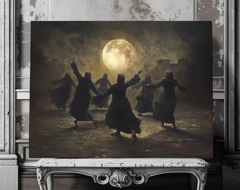Ritual of the Witches Canvas Print Occult Halloween Print Full Moon Wiccan Art Print Witchcraft Painting Midnight Coven Gathering