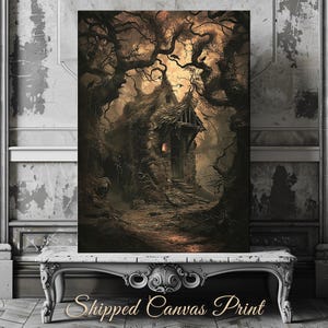 Haunted Witch House Canvas Art Print Dark Fairytale Print Haunted Woodland Artwork Mystical Witch Home Magical Autumn Forest Print