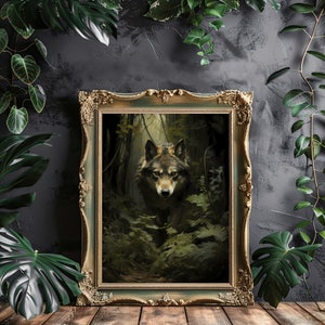 Wolf Wall Art Print Moody Woodland Vintage Green Academia Forest Art Wildlife Dark Green Aesthetic Decor