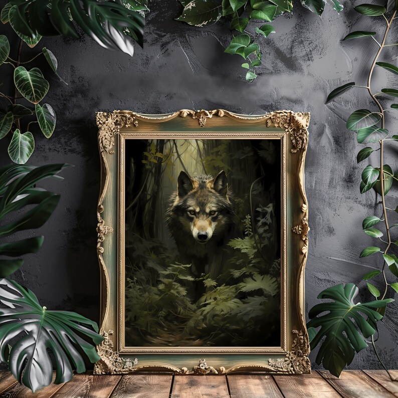 Wolf Wall Art Print Moody Woodland Vintage Green Academia Forest Art Wildlife Dark Green Aesthetic Decor