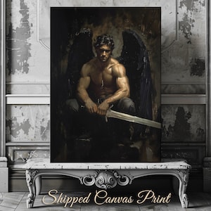 Dark Angel Canvas Print Fallen Angel Print Moody Lucifer Wall Art Angel Warrior Vintage Portrait Painting Victorian Aesthetic Art