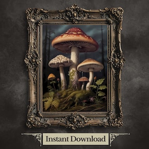 Grafika artystyczna „Grzybowy las”: Vintage Botanical Goblincore Decor (do pobrania w wersji cyfrowej)