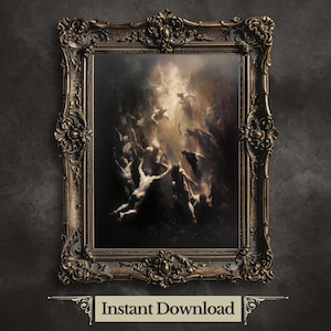 Può includere: Un dipinto incorniciato che raffigura un gruppo di figure in un'ambientazione oscura ed eterea. Le figure sembrano ascendere verso una fonte di luce brillante sopra. Il dipinto è incorniciato in una cornice scura e ornata.